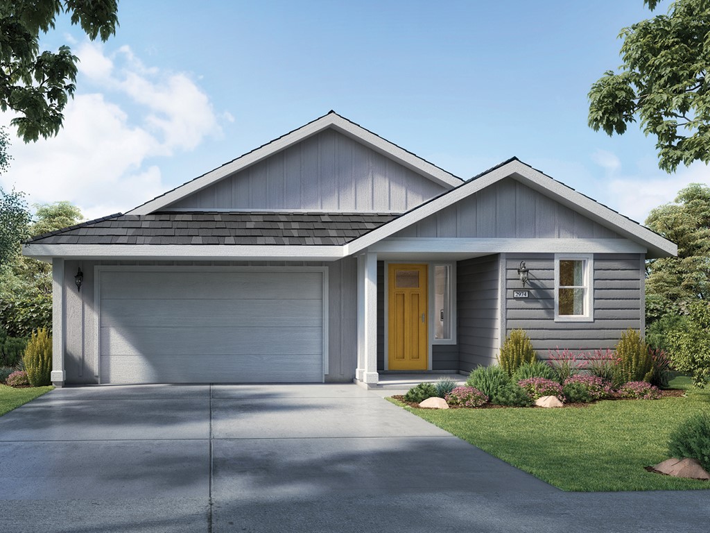 Gray single-story home with a yellow front door, attached garage, and landscaped front yard.