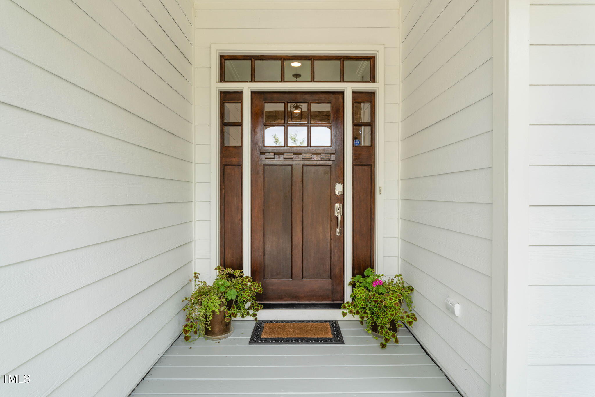 House entry with a dark wood door, glass sidelights, and potted plants.