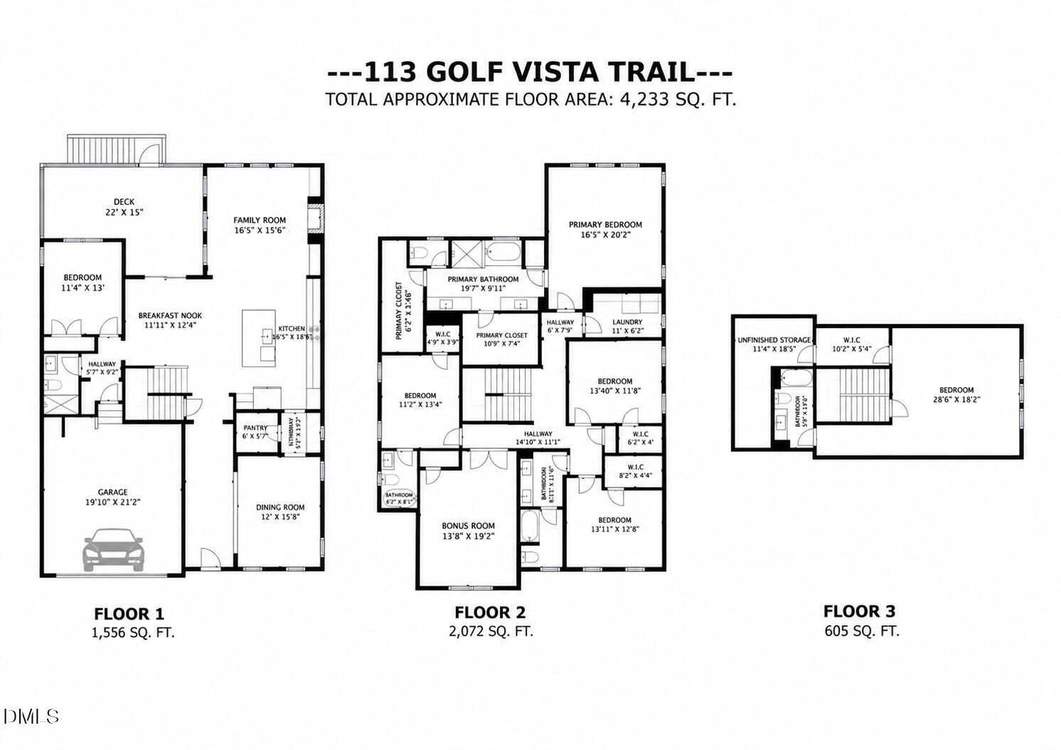 Three-level floor plan for 113 Golf Vista Trail, with labeled rooms and a total area of 4,233 square feet.