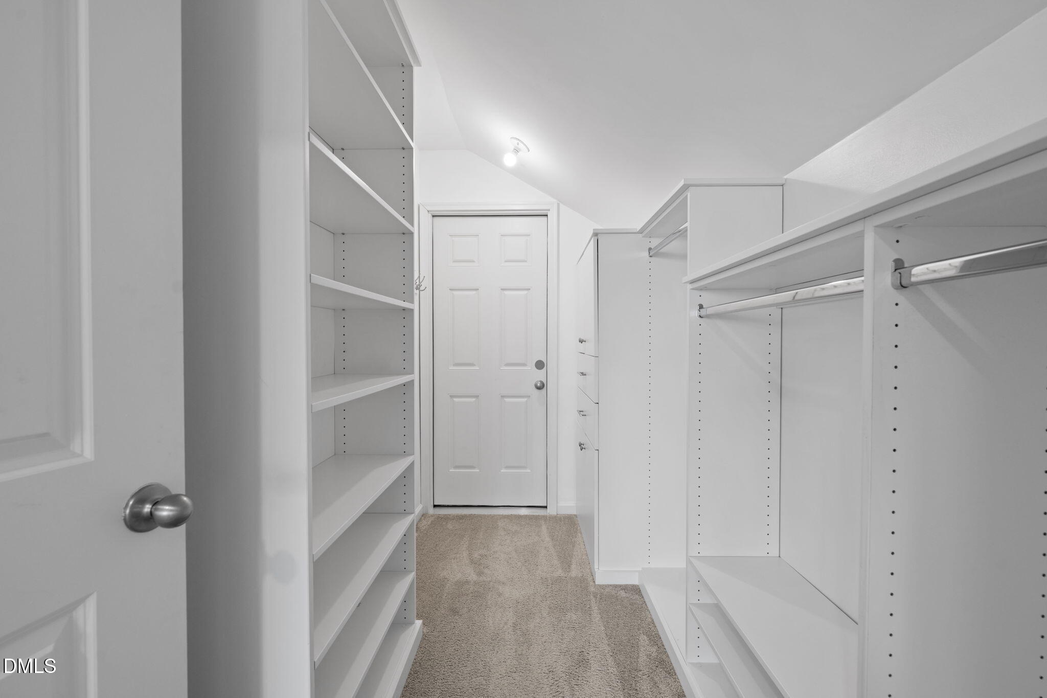 Walk-in closet with white built-in shelves and hanging rods, beige carpet, and a paneled door.