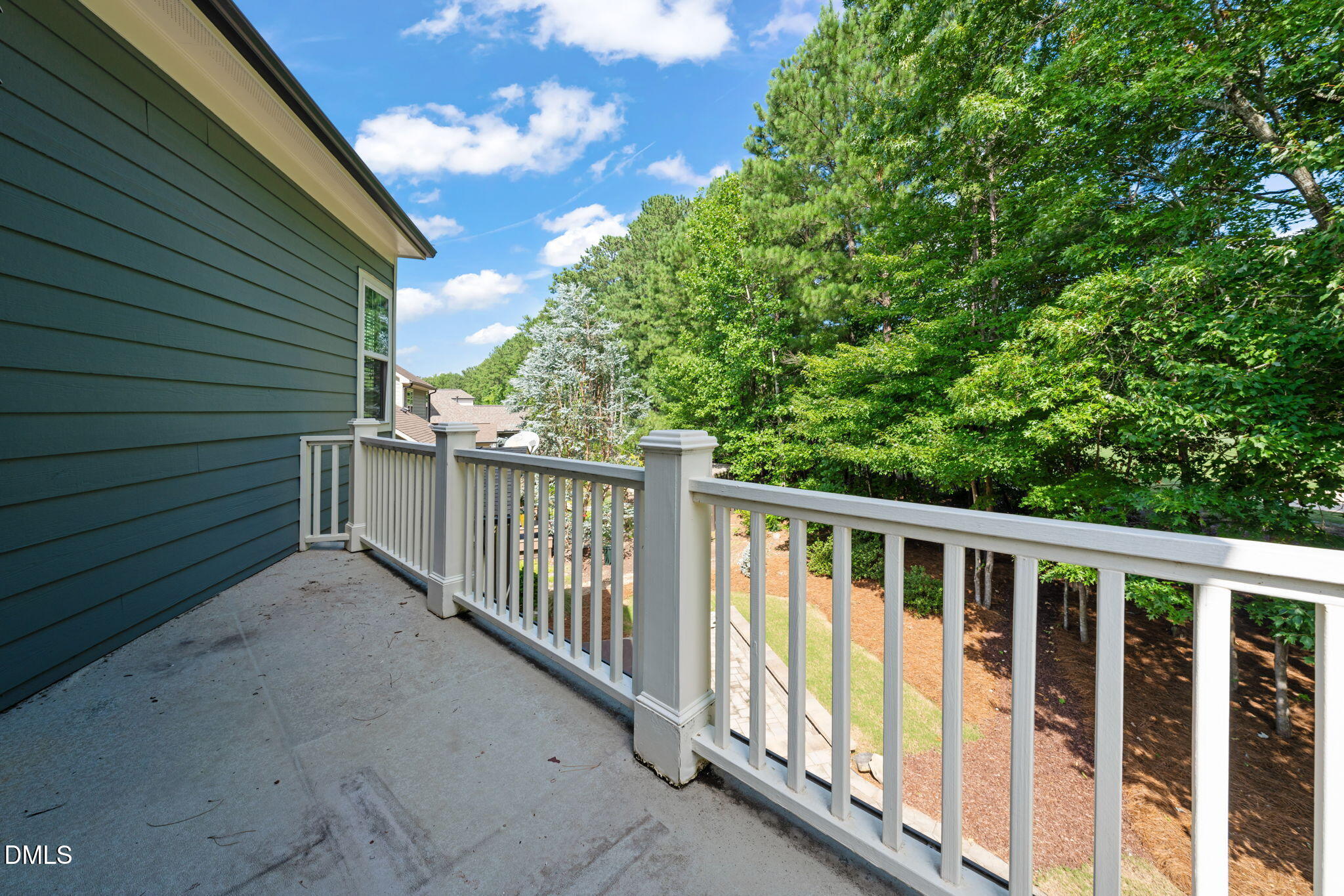 Balcony with white railing overlooking dense trees beside dark blue-gray house siding.