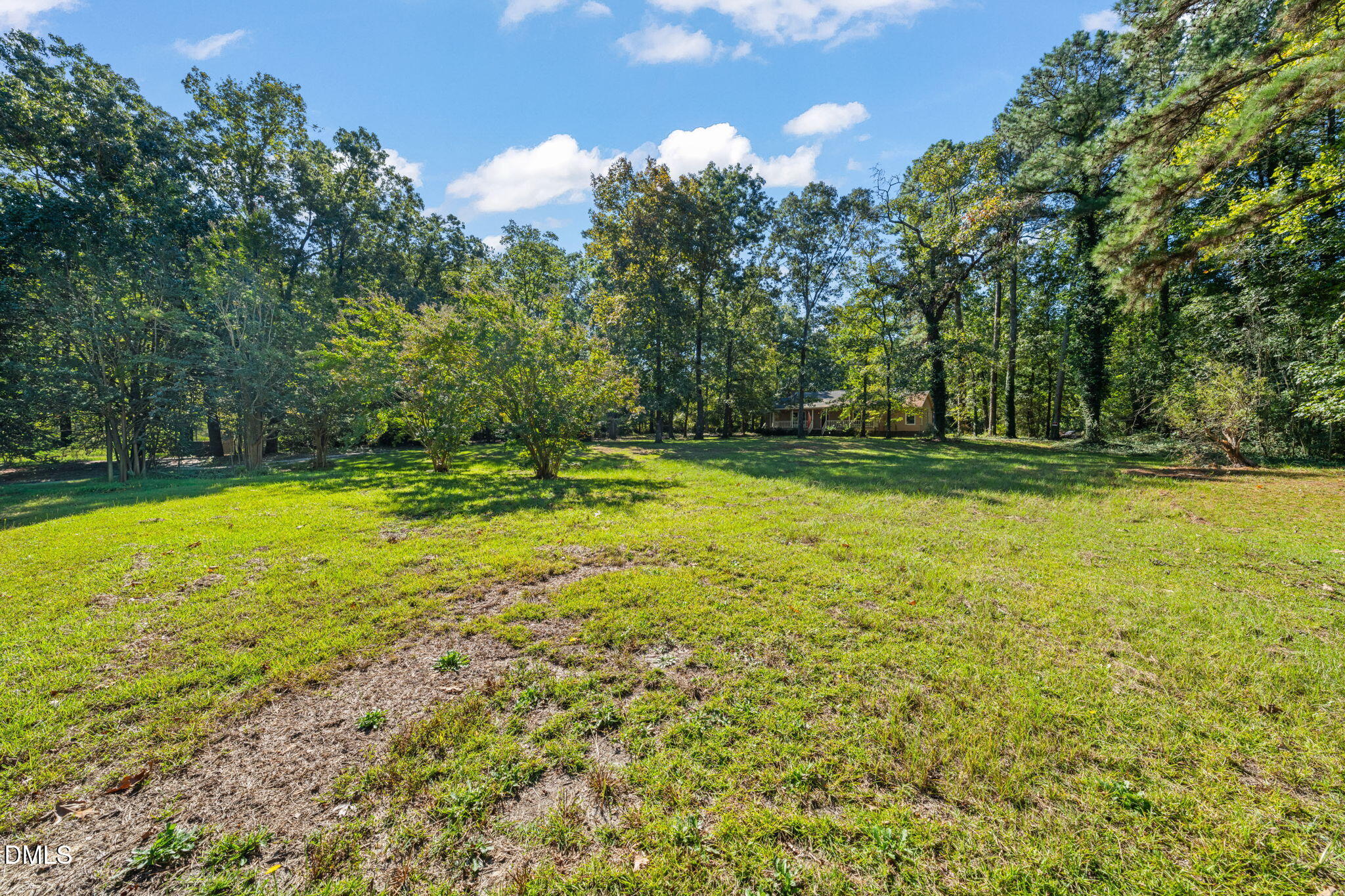 Grassy yard surrounded by mature trees, with a small house set back in the distance.