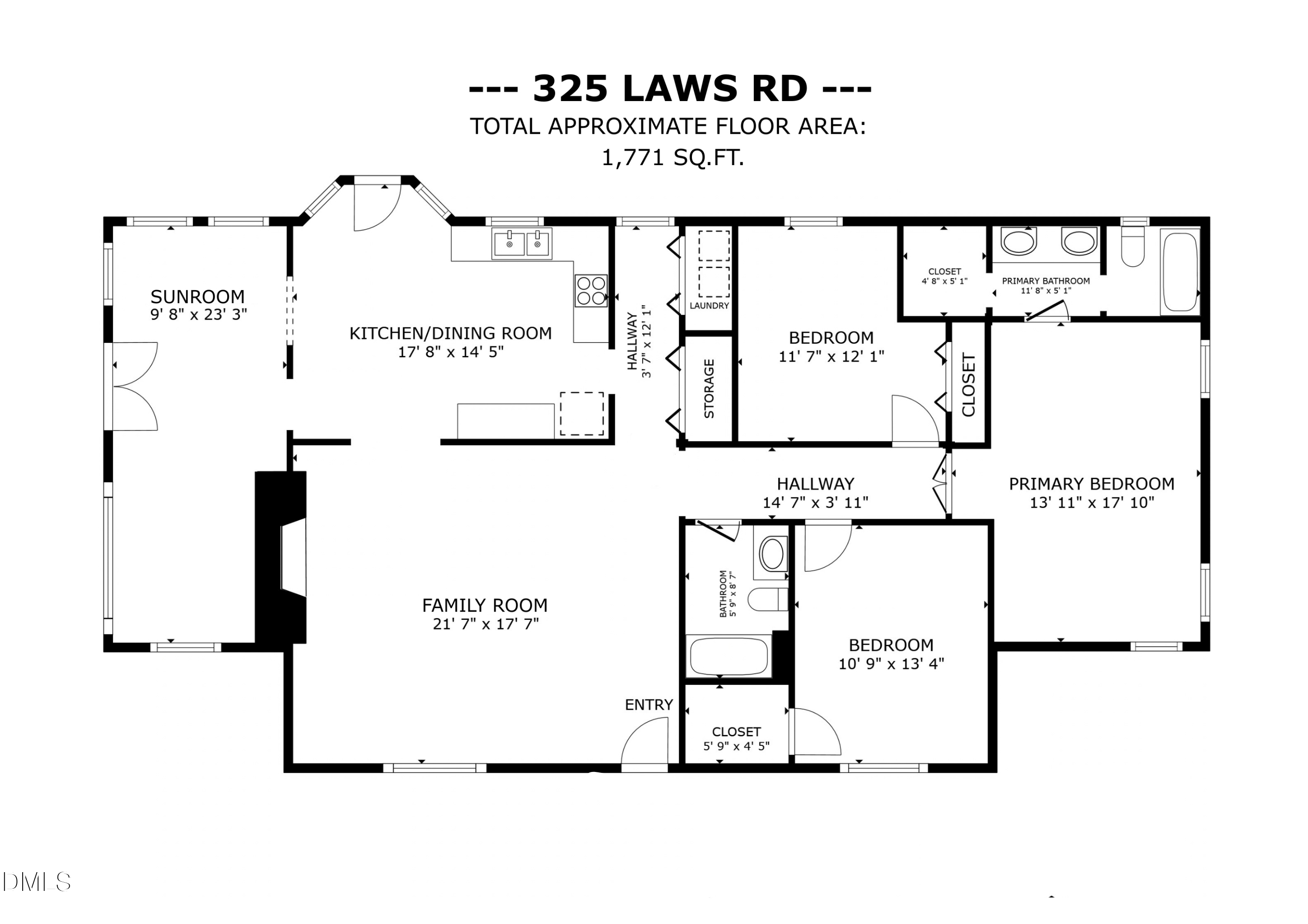 Floor plan for 325 Laws Road showing a 1,771-square-foot home with three bedrooms and a sunroom.