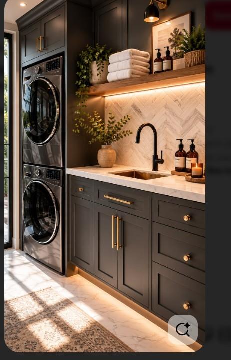 Laundry room with stacked washer and dryer, charcoal cabinetry, marble sink counter, and warm shelf lighting.