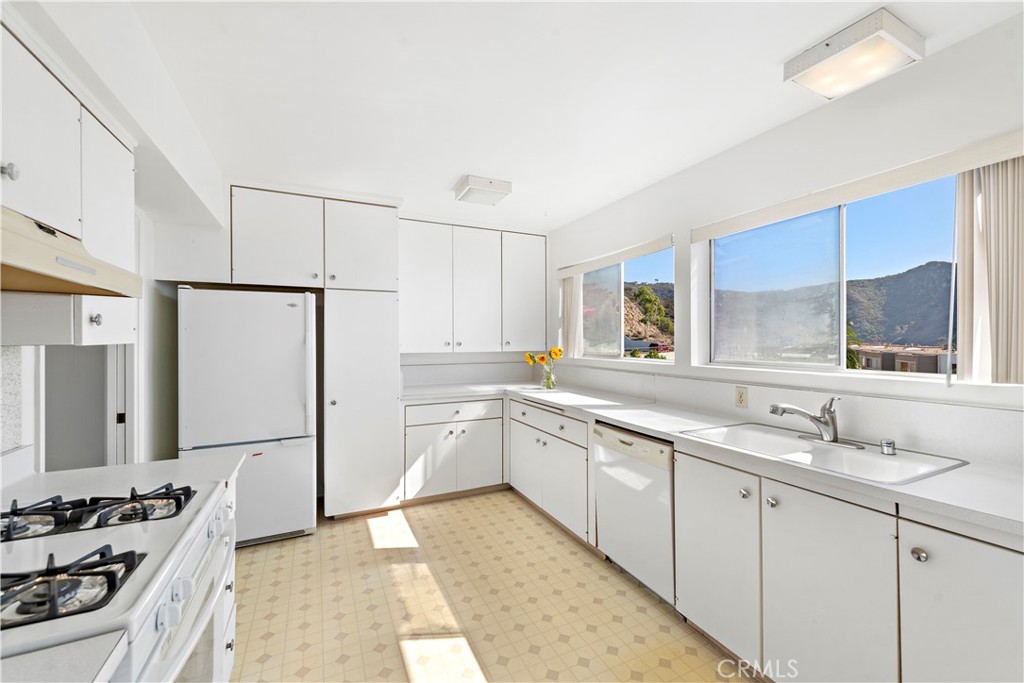 Bright white kitchen with large windows overlooking hills and a gas range in the foreground.