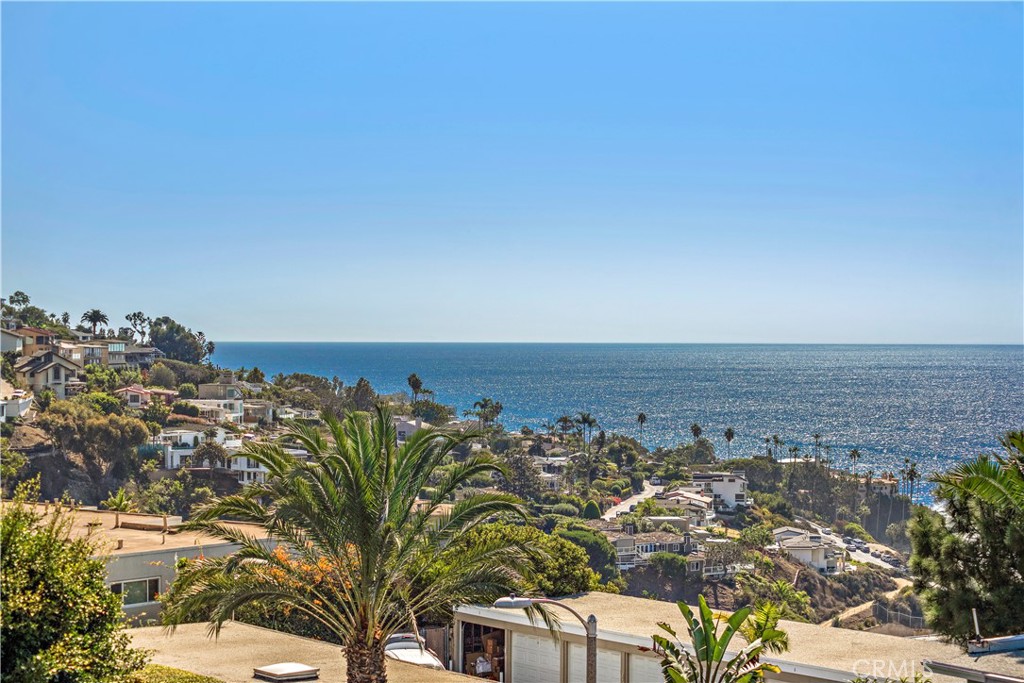 Pacific Ocean view over hillside homes and palm trees in Laguna Beach.