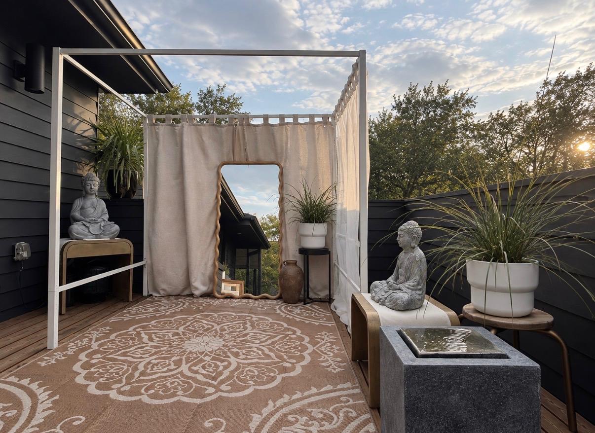 Outdoor patio with a patterned rug, curtain enclosure, potted plants, and Buddha statues in warm evening light.