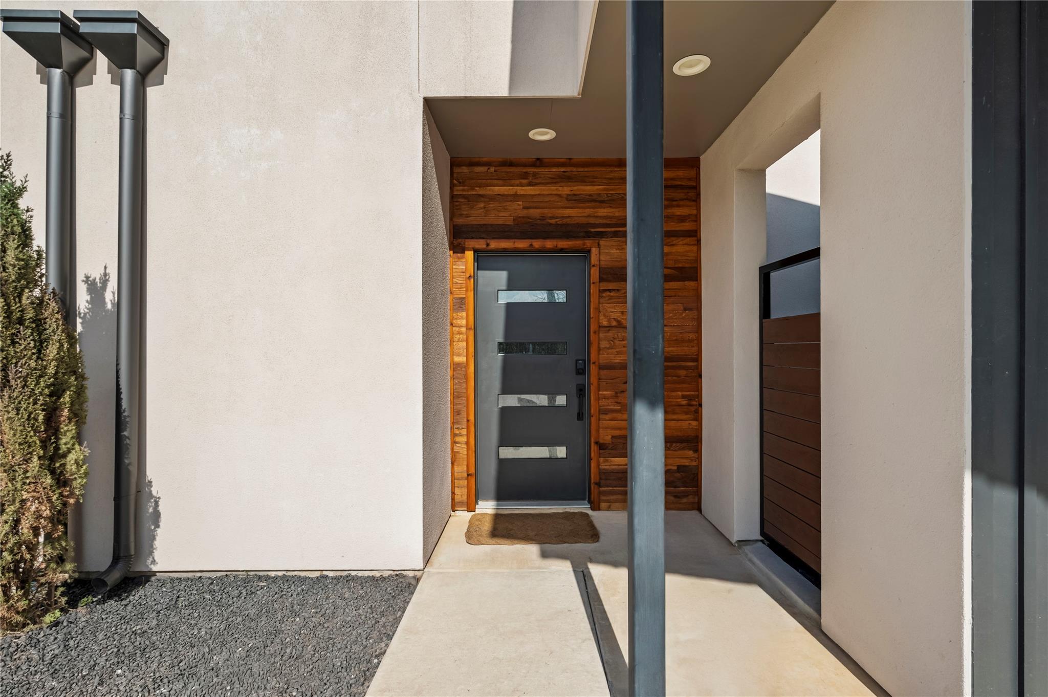 Modern home entry with a dark front door and warm horizontal wood-plank accent wall.