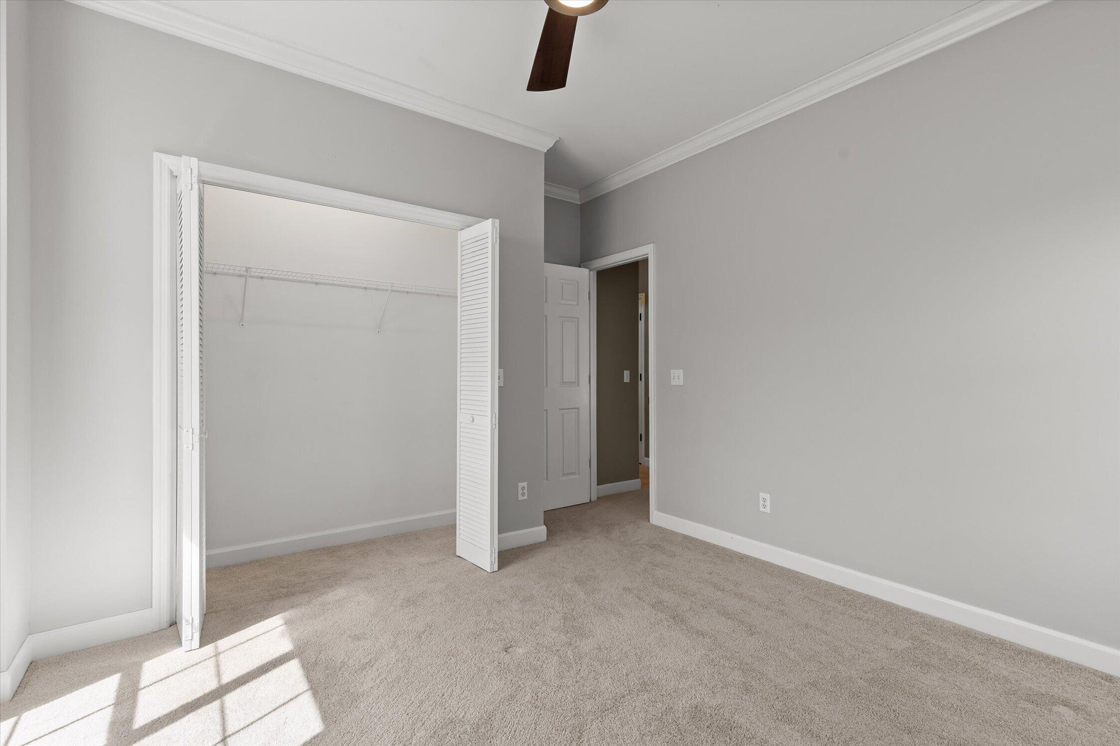 Empty bedroom with an open closet, beige carpet, and sunlight across the floor.