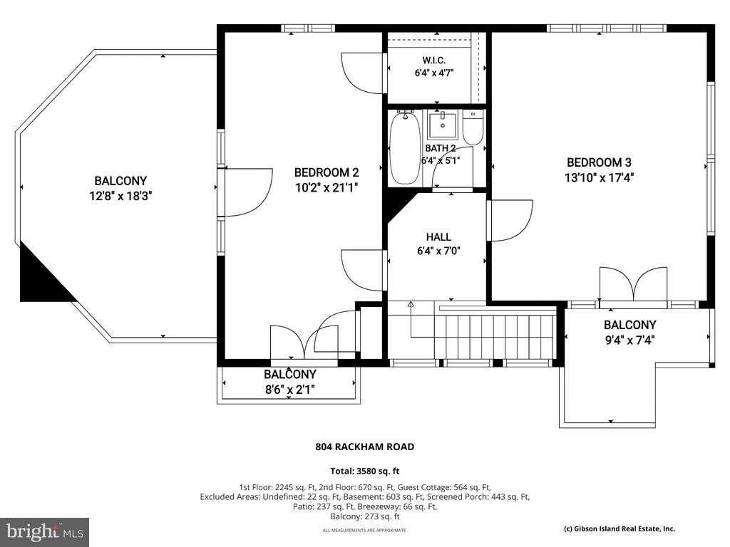 Floor plan of 804 Rackham Road showing two bedrooms, a bathroom, hall, stairs, and three balconies.