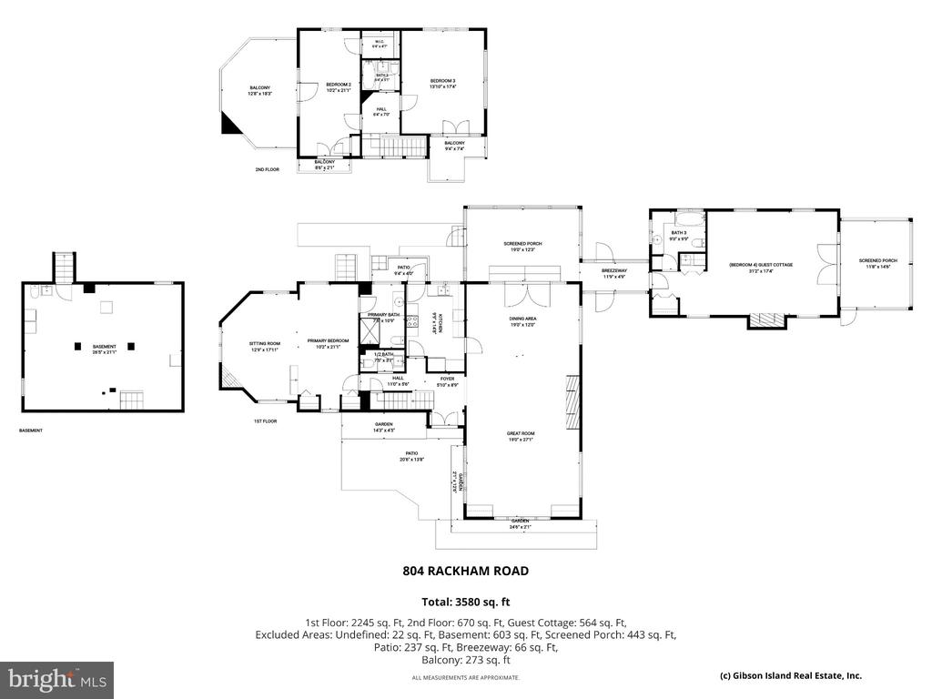 Floor plan for 804 Rackham Road, with three levels, a guest cottage, and a stated total of 3,580 square feet.