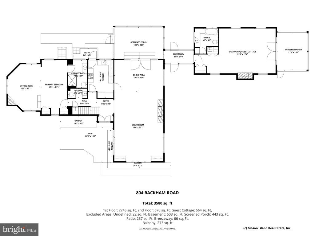Floor plan of 804 Rackham Road, including the main house, guest cottage, and screened porches.