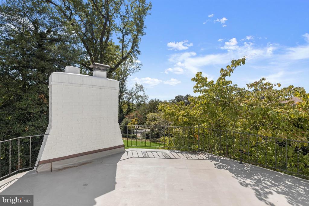 Rooftop terrace with a white brick chimney, metal railing, and leafy treetop views.