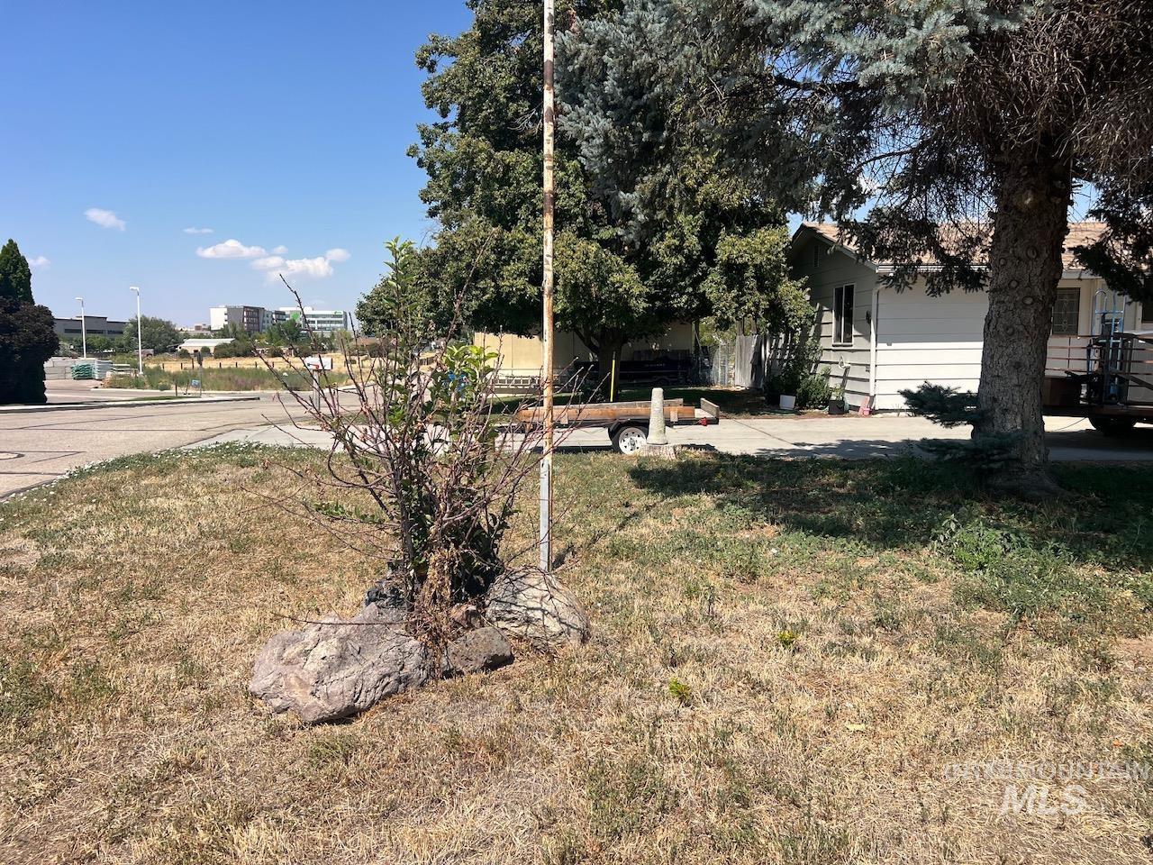 Single-story home behind a dry lawn, shaded by mature trees.