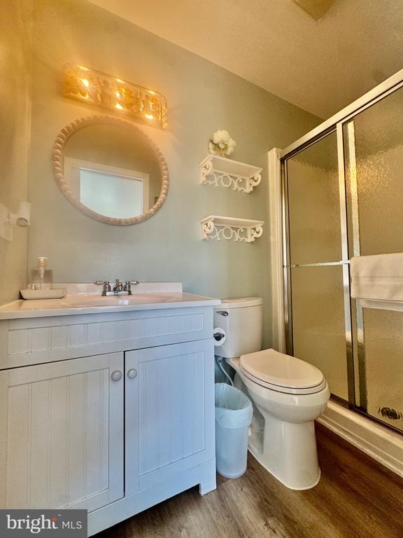 Bathroom with a white paneled vanity, toilet, and frosted-glass shower.