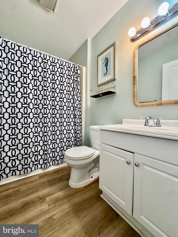 Bathroom with a white vanity, seahorse print, patterned shower curtain, and wood-look flooring.