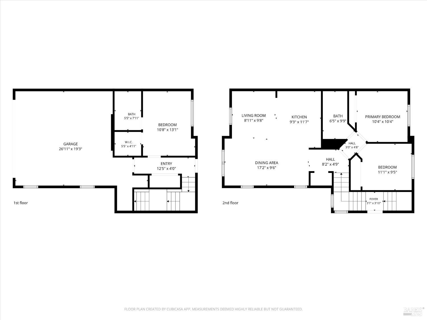 Two-story floor plan with a large first-floor garage and living, dining, kitchen, and bedrooms upstairs.