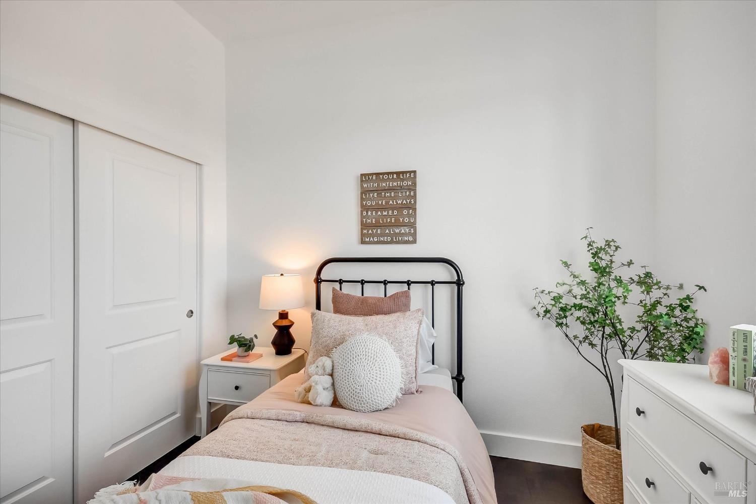 Staged bedroom with a black metal bed, blush bedding, sliding closet doors, and a potted tree.