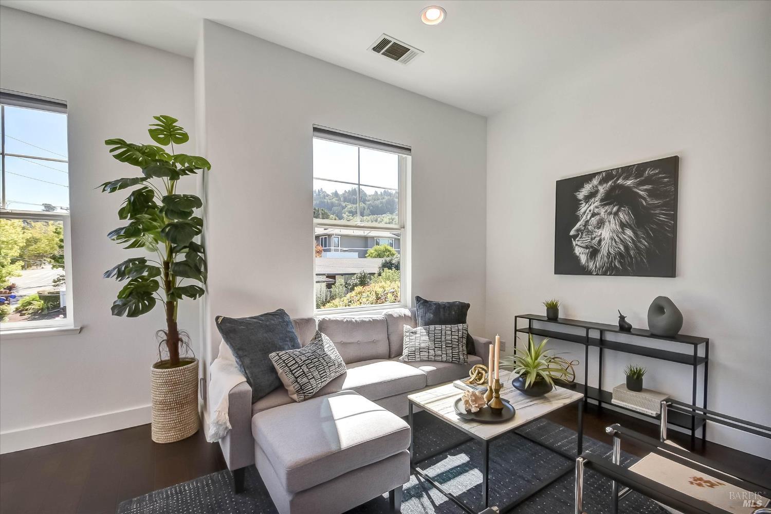 Bright living room with a gray sectional, tall windows, a potted plant, and lion artwork.