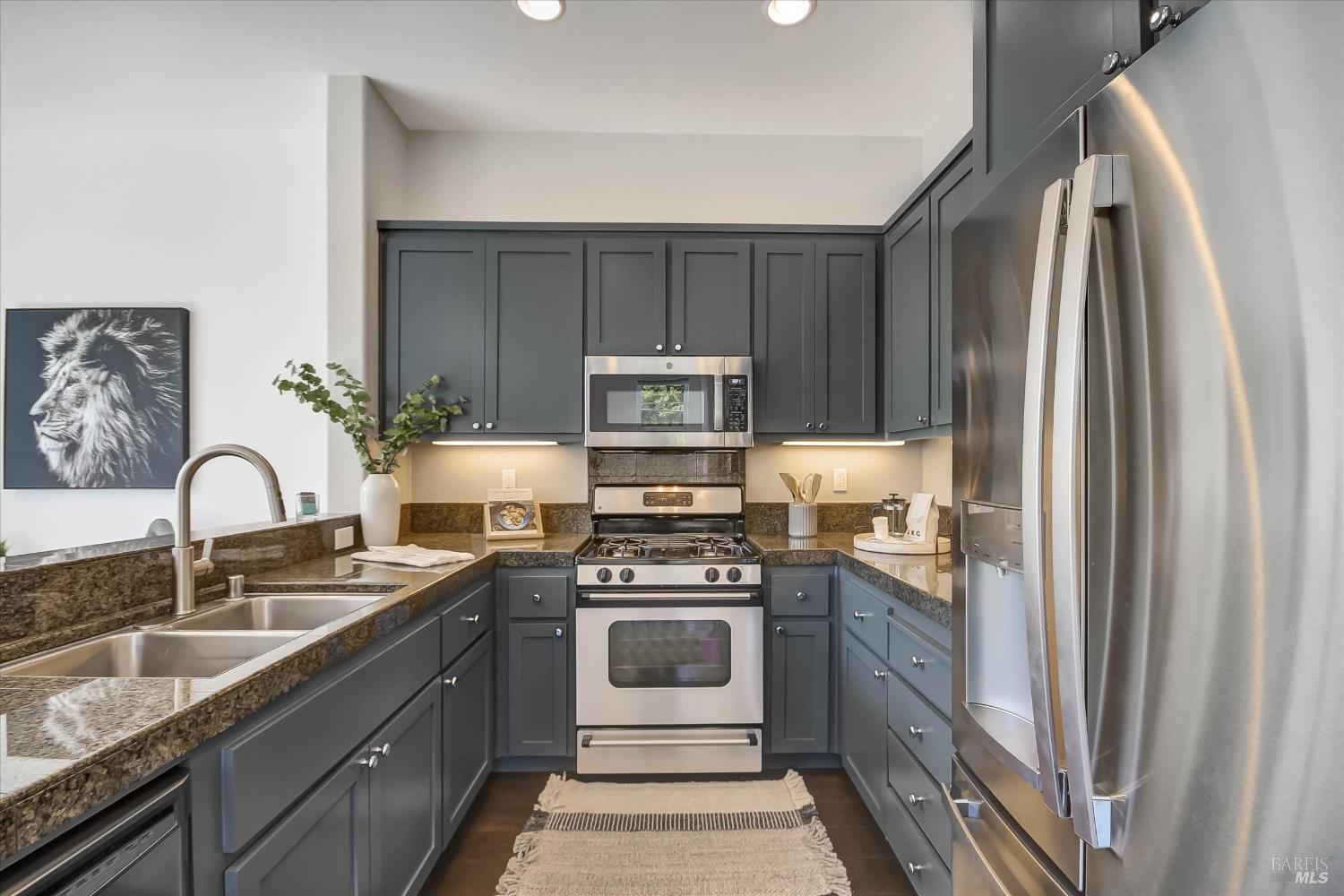 Kitchen with dark gray cabinets, granite counters, stainless steel appliances, and a double-basin sink.