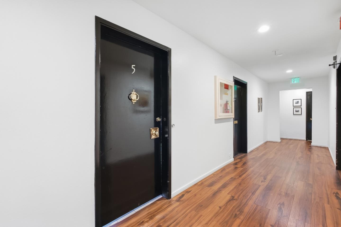 Apartment hallway with black unit 5 door and warm-toned wood flooring.