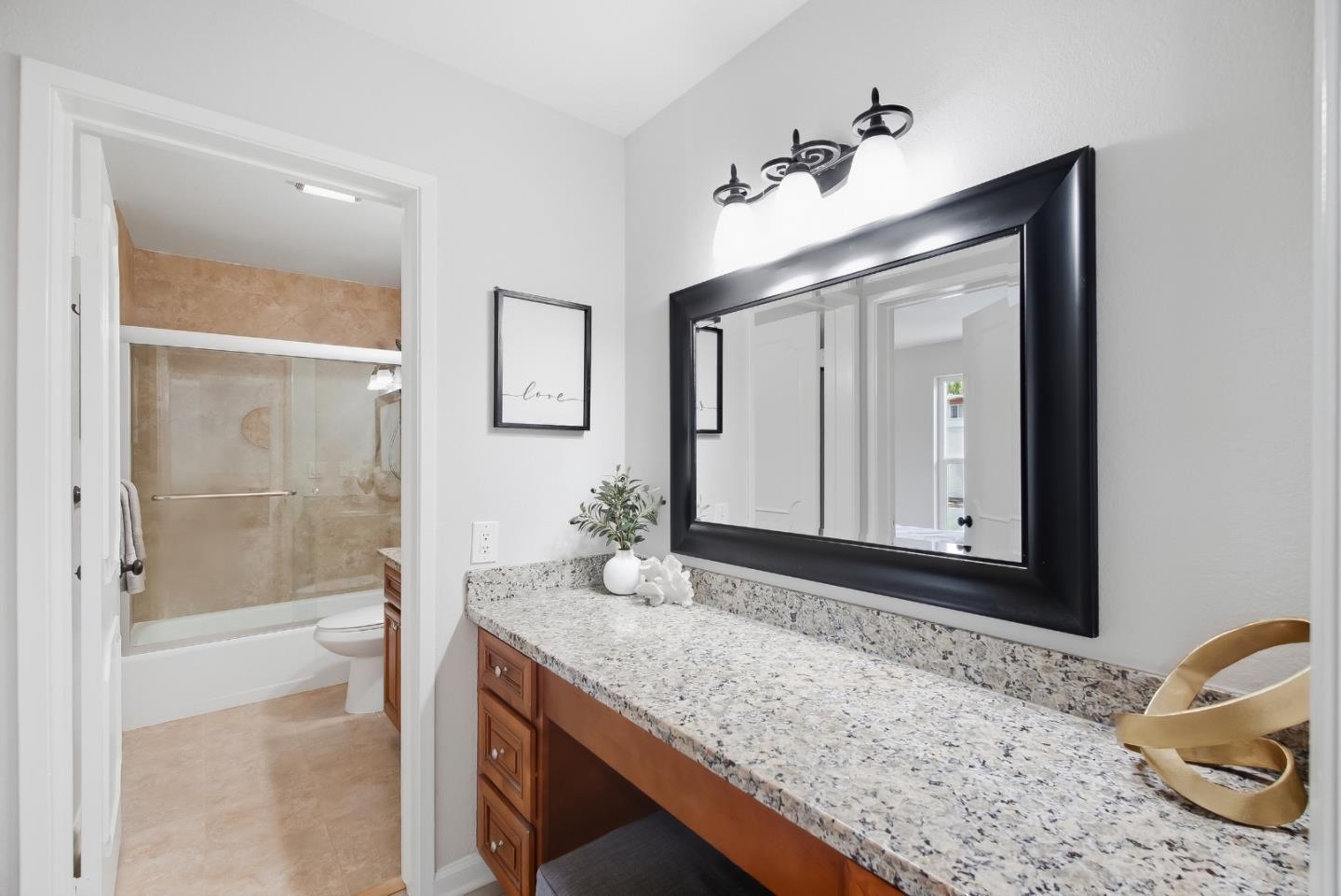 Bathroom vanity with speckled granite countertop, warm wood cabinets, and a large black-framed mirror.