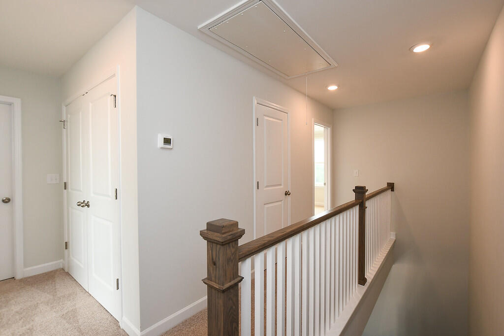 Upstairs hallway with beige carpet, white doors, and a dark wood railing with white balusters.