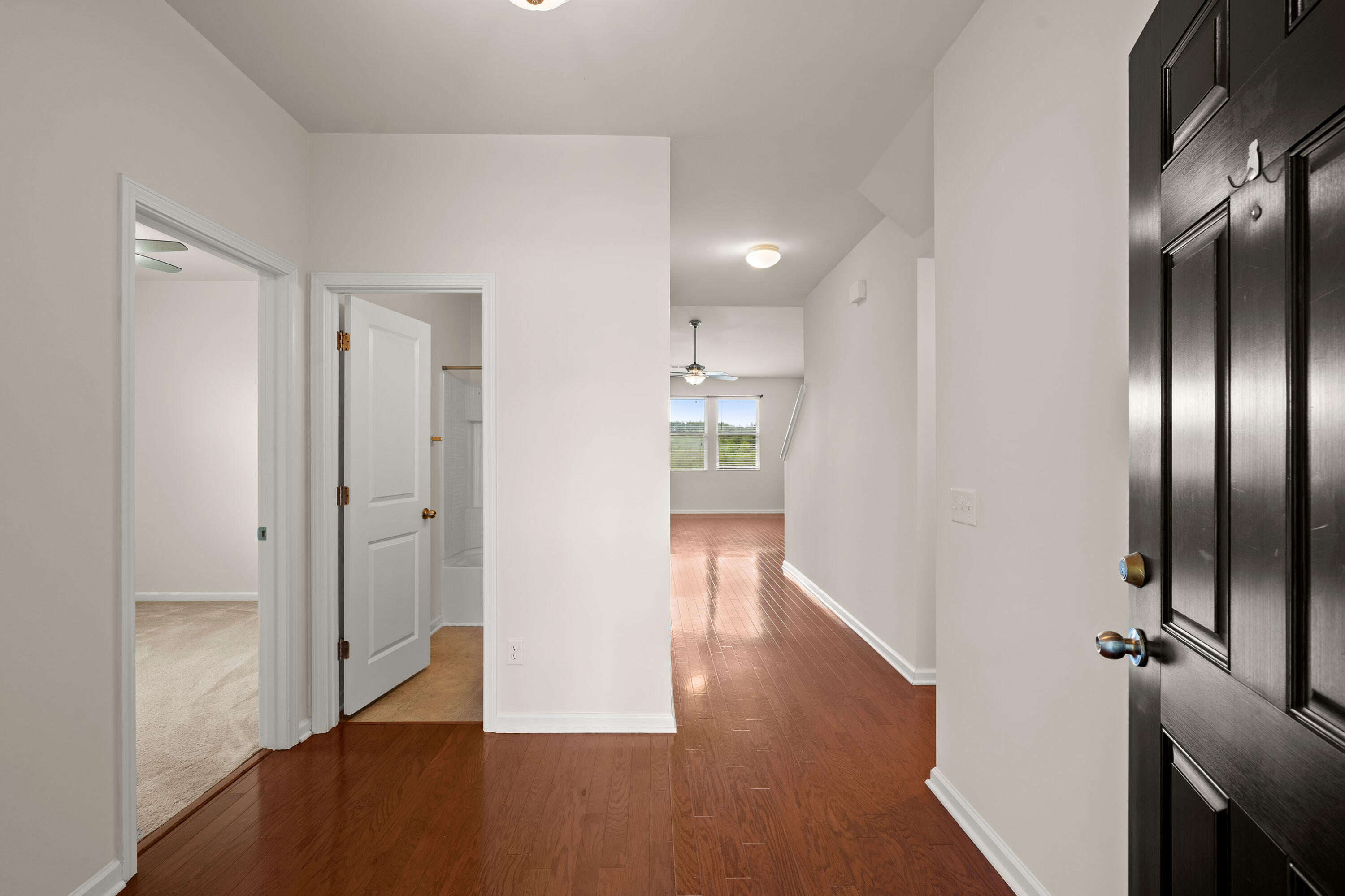 Entry hallway with a dark paneled front door, hardwood floors, and open doorways to adjacent rooms.
