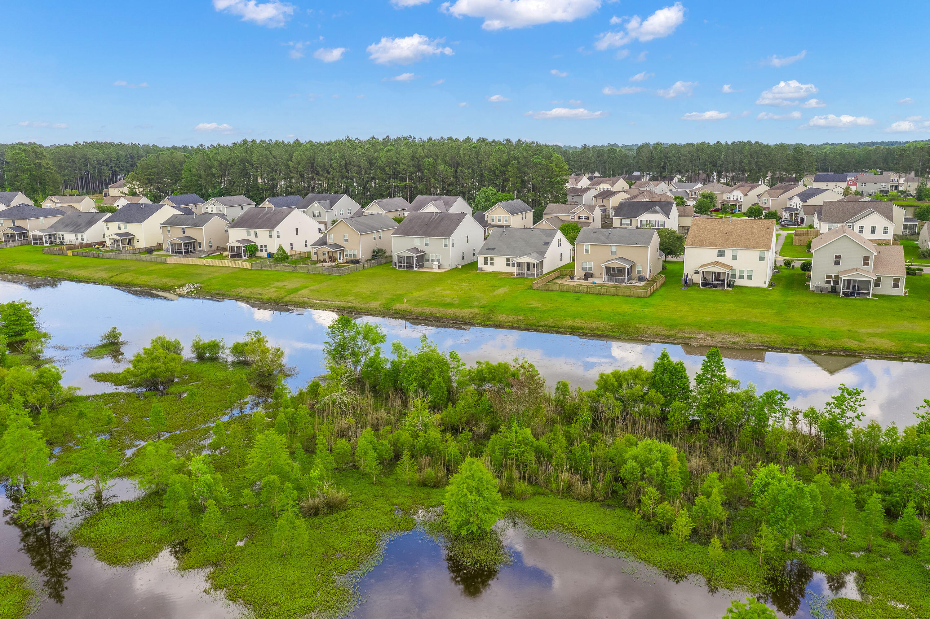 Aerial view of homes bordering a pond, with green wetlands in the foreground.