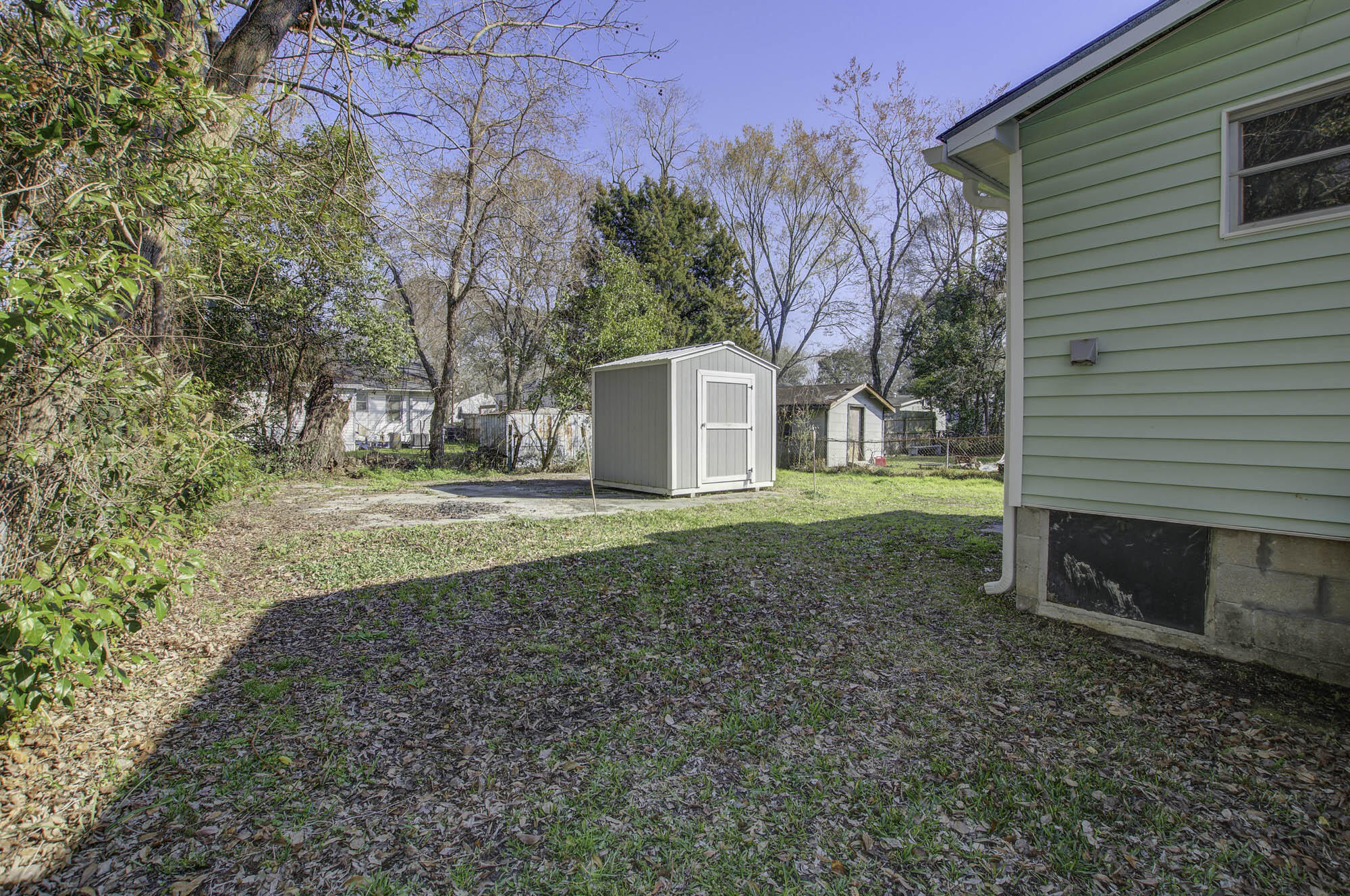 Backyard with a white storage shed, patchy lawn, and the green-sided house.