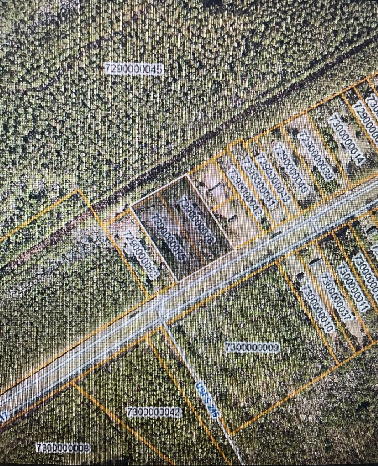 Aerial parcel map showing two white-outlined lots beside a highway in a wooded area.
