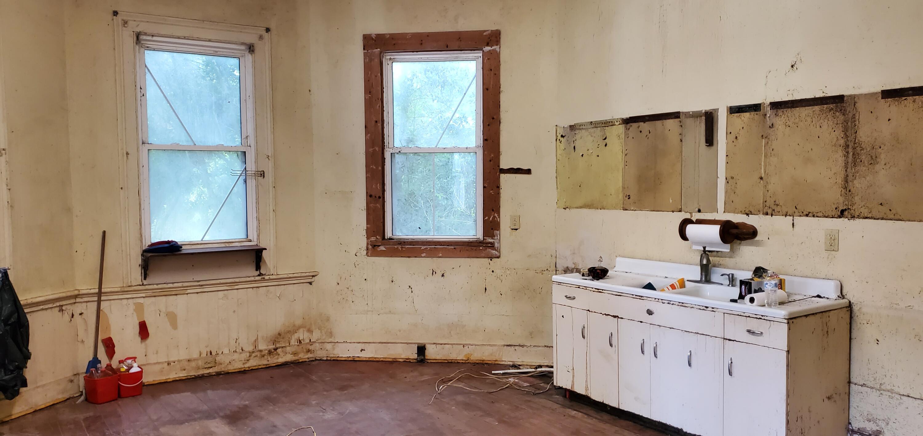 Vacant kitchen with a long white sink cabinet, two windows, and visibly worn walls.