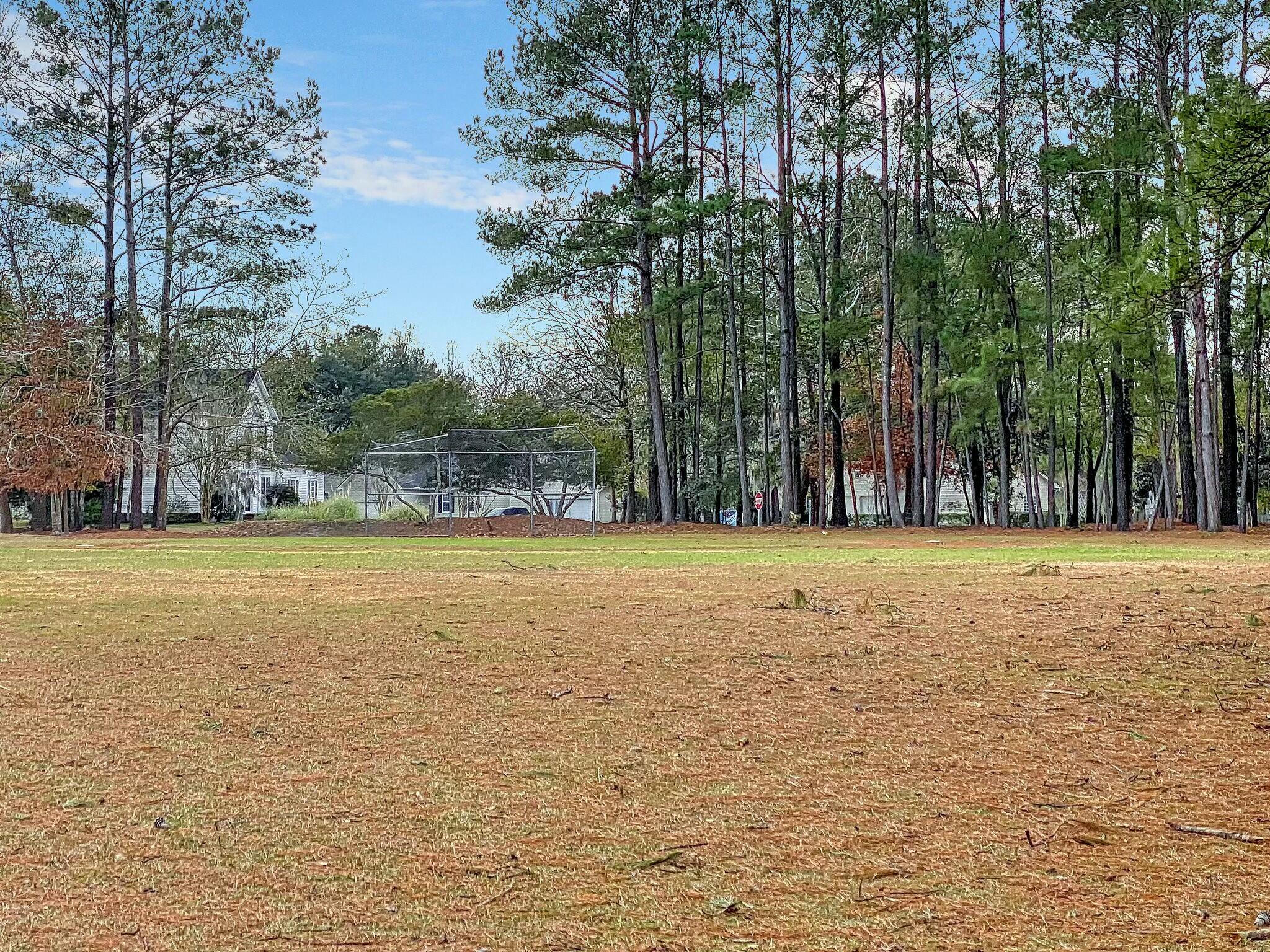Broad grassy yard bordered by mature trees, with homes and a screened enclosure in the distance.