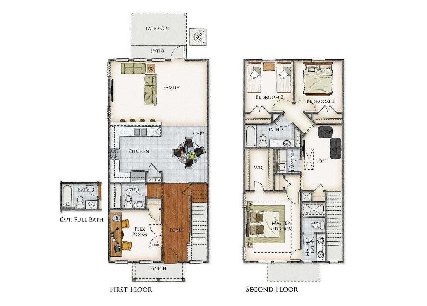 Two-story floor plan with an open kitchen and family room below, and bedrooms and loft above.