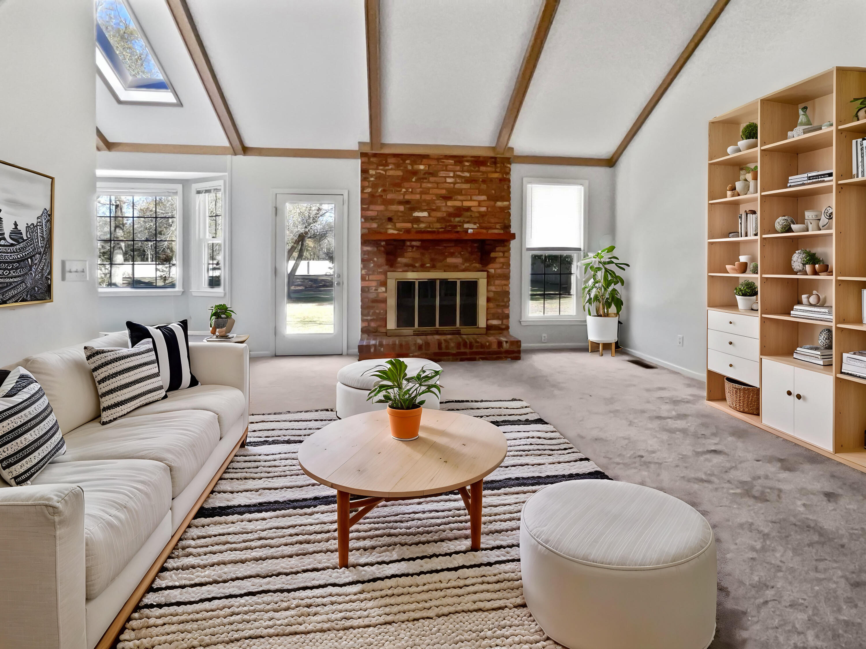 Living room with vaulted beamed ceiling, brick fireplace, skylight, and built-in wooden shelves.