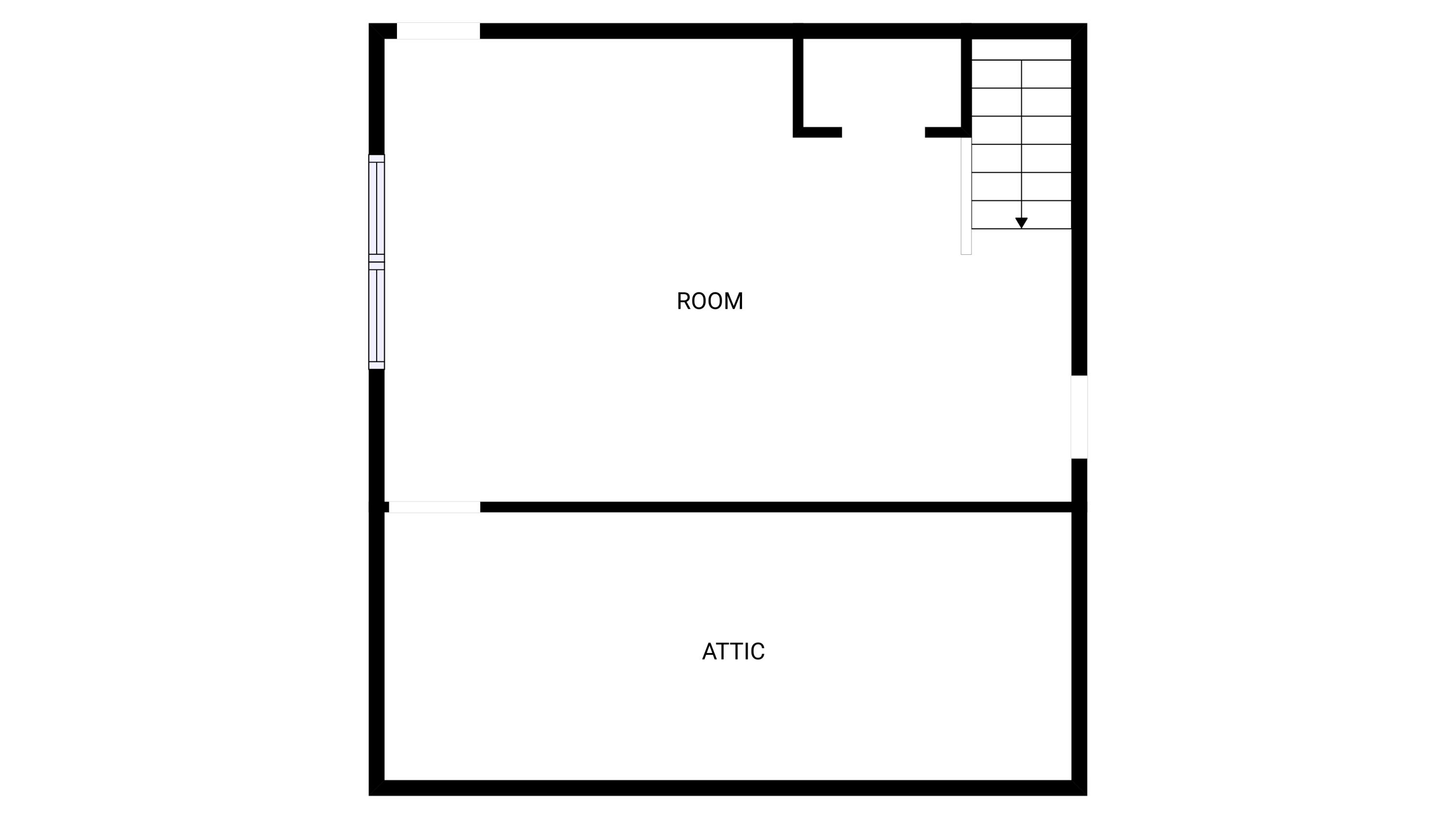 Floor plan with a large room, staircase, window, and attic.