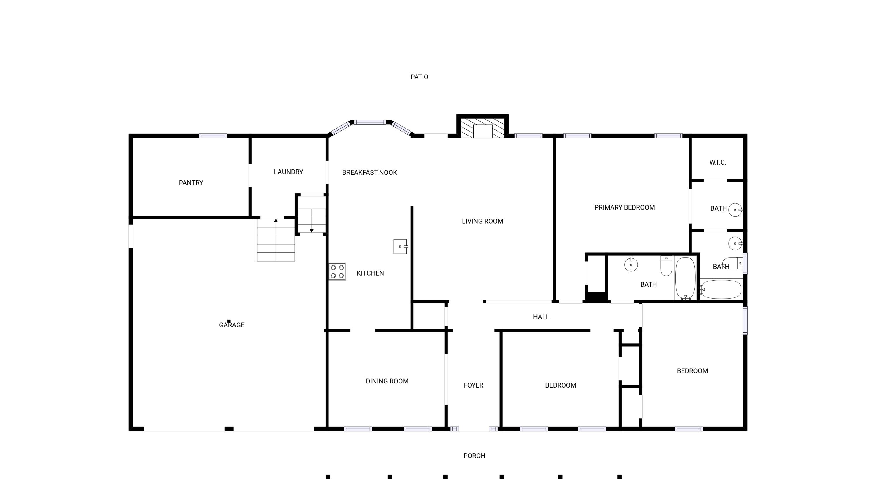 Floor plan labeled with room names, including a garage, patio, porch, and three bedrooms.
