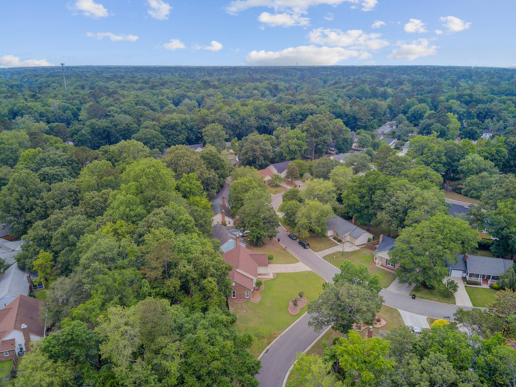 Aerial view of a tree-filled neighborhood with detached homes and curving streets.