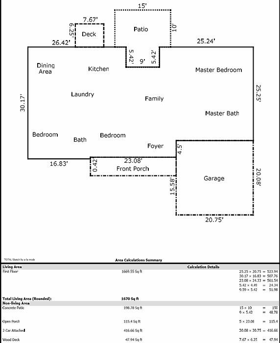 First-floor plan with three bedrooms, an attached garage, front porch, patio, and deck.
