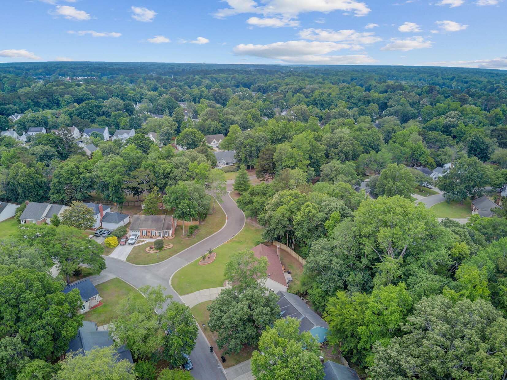 Aerial view of a tree-filled neighborhood with detached homes and curving streets.