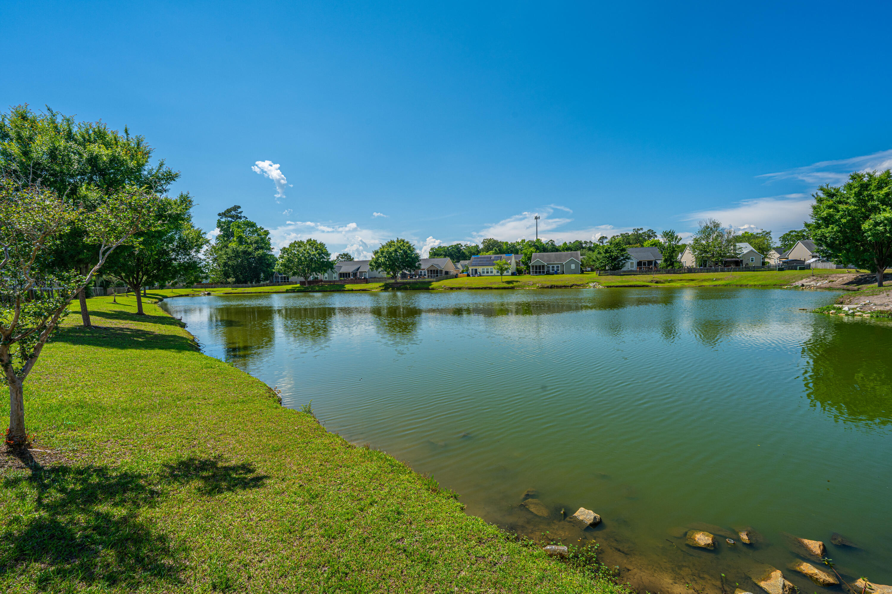 Neighborhood pond with a grassy, tree-lined bank and homes across the water.
