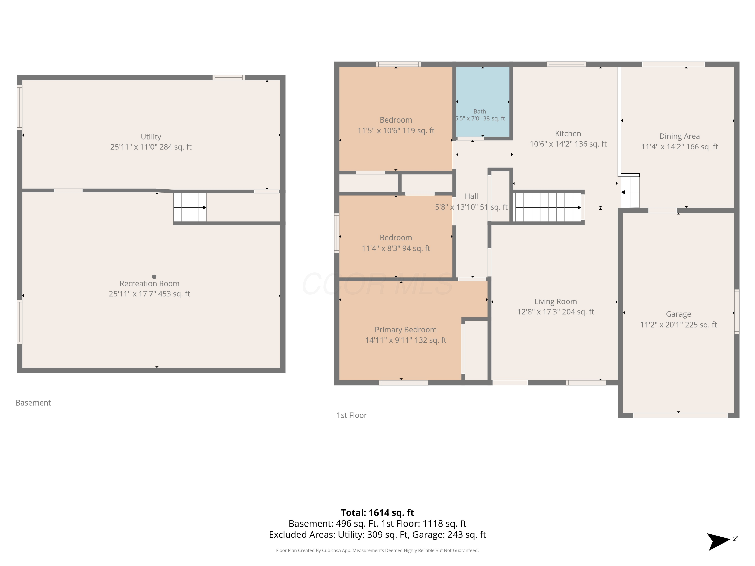 Floor plan showing three bedrooms, living and dining areas, kitchen, bath, garage, and basement recreation room.