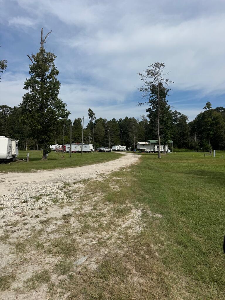 Gravel drive through a grassy property with parked RVs, trailers, and mature trees.