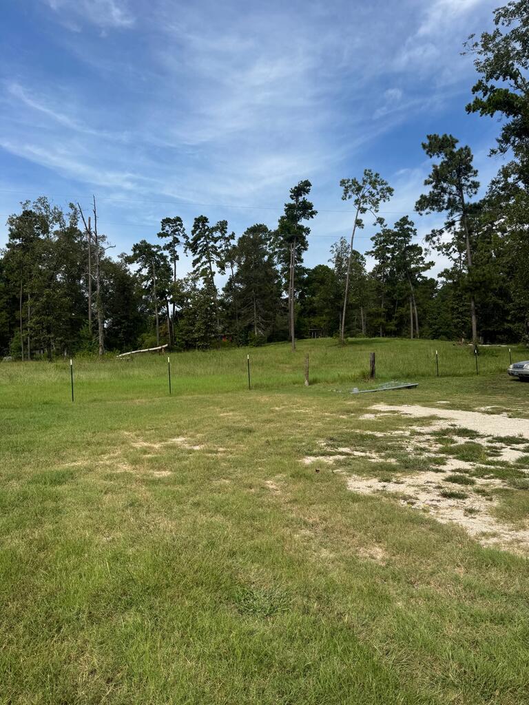 Grassy vacant lot with a wire fence, mature trees, and a patchy gravel drive.