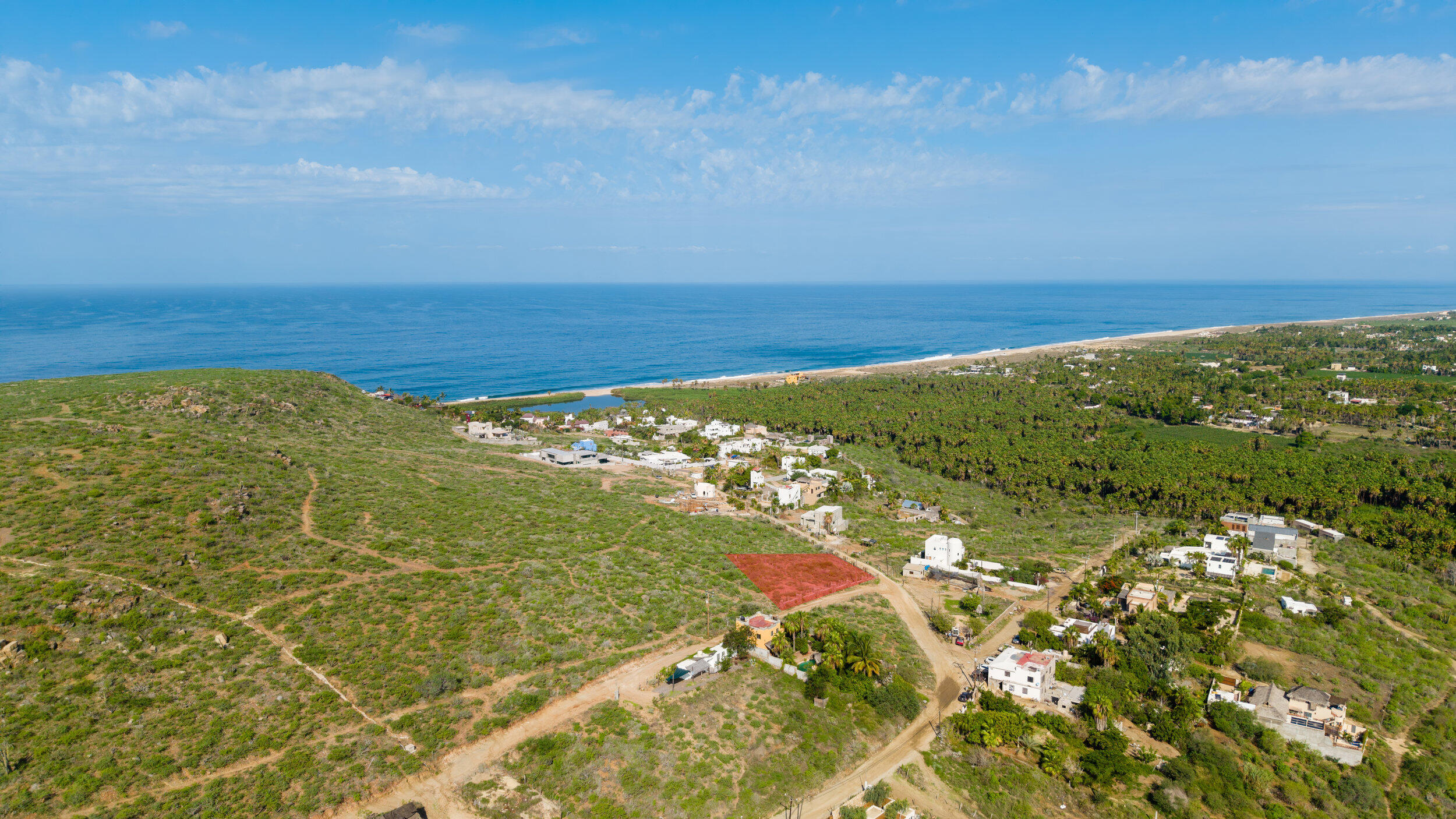 Aerial view of a red-highlighted corner lot near homes, palm groves, and the ocean.