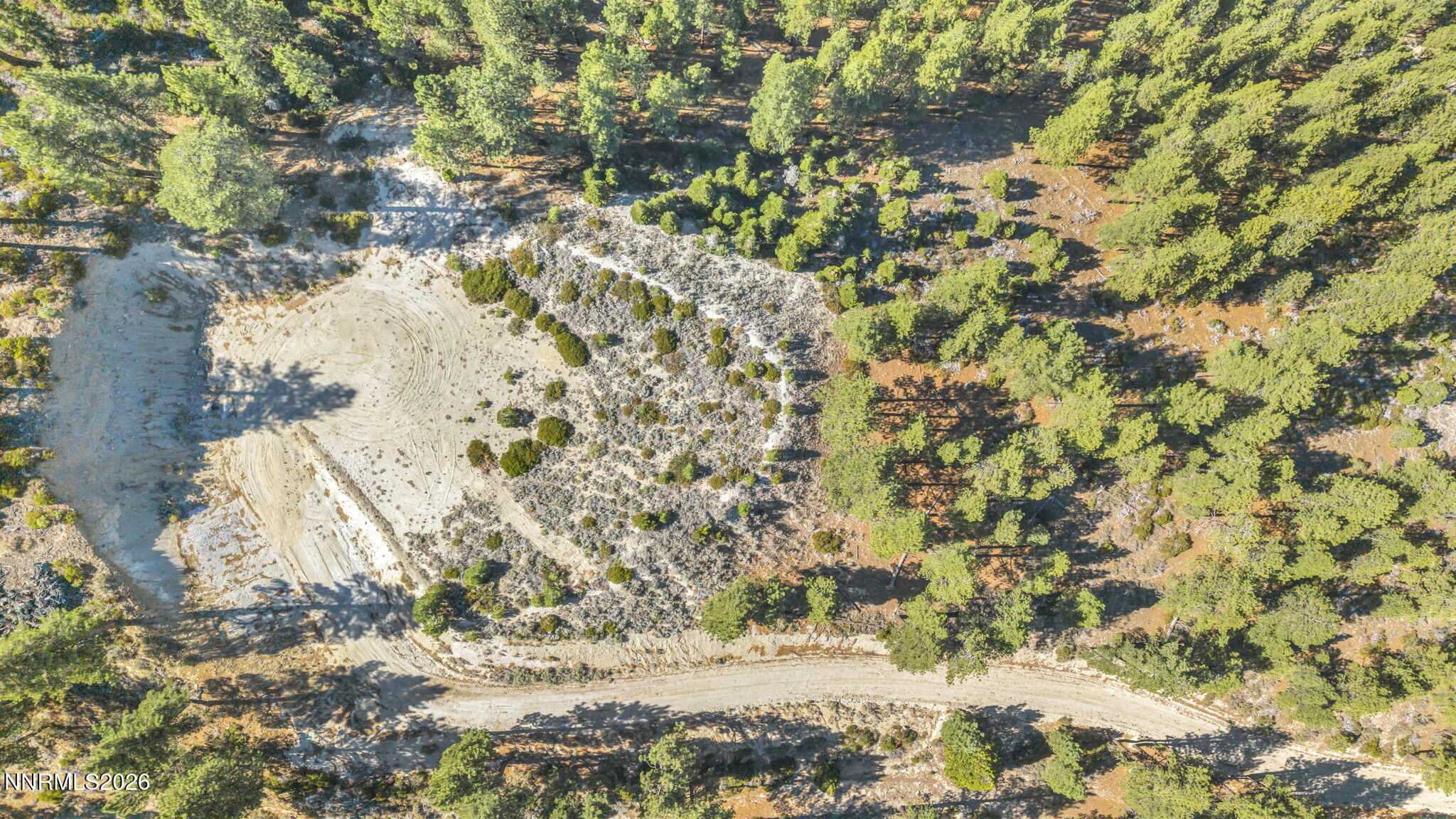 Aerial view of a wooded property with a large clearing and dirt tracks.