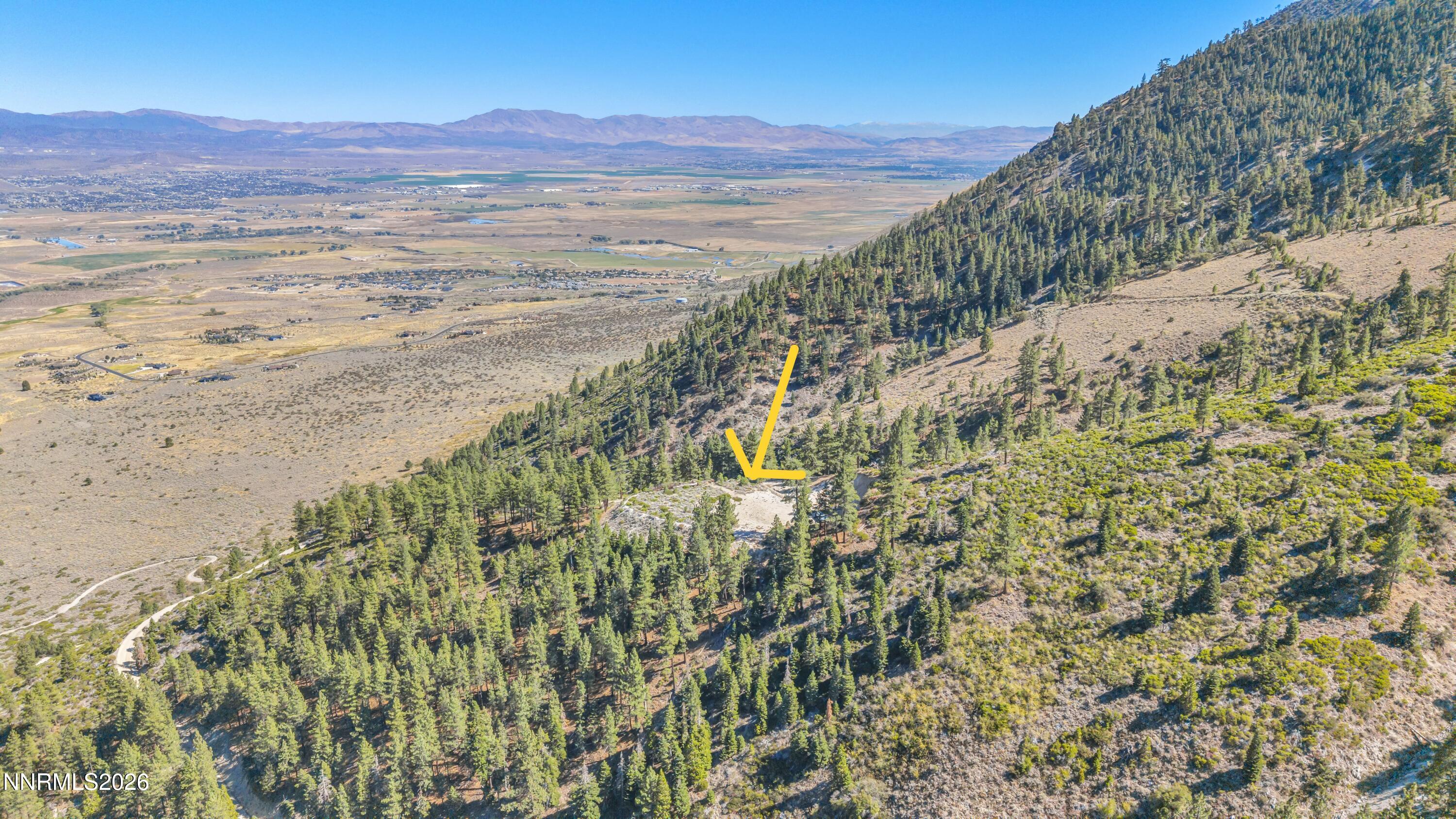 Aerial view of a cleared hillside parcel marked by a yellow arrow, with pine trees and a mountain valley beyond.