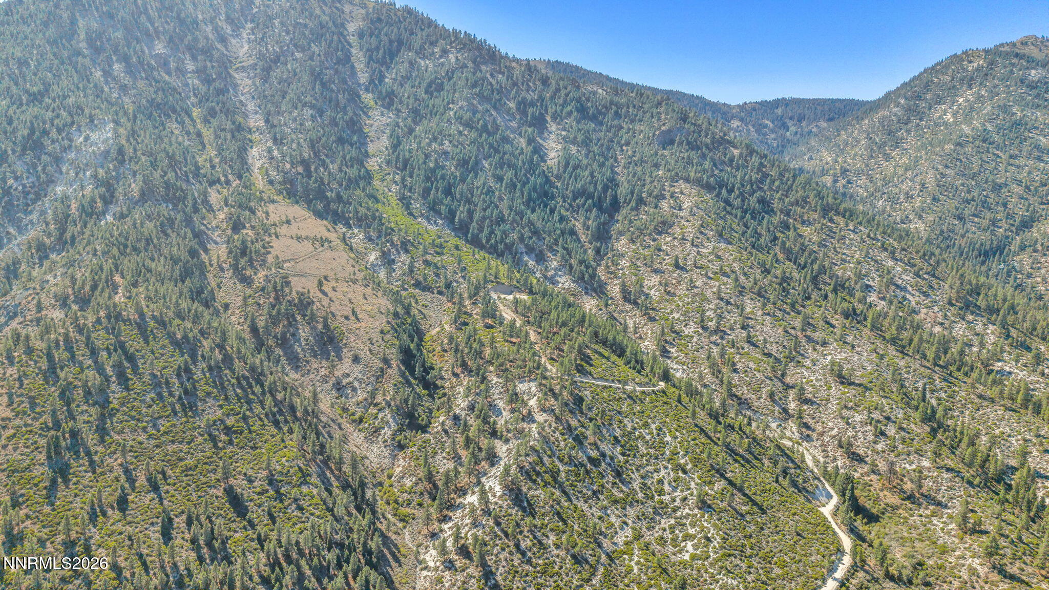 Aerial view of rugged, wooded mountain land with a winding dirt road.