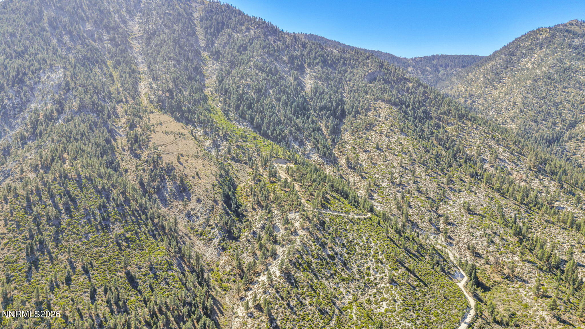 Aerial view of rugged, forested mountains with a winding dirt road below a clear blue sky.