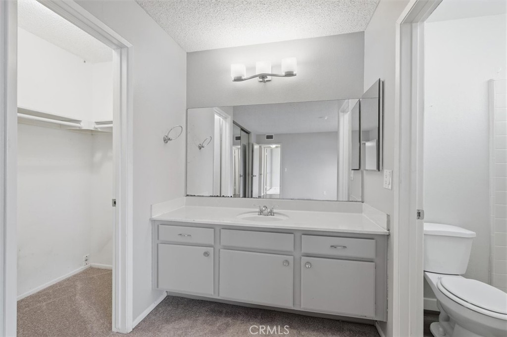 Bathroom vanity with a wide mirror, three-light fixture, and open closet.